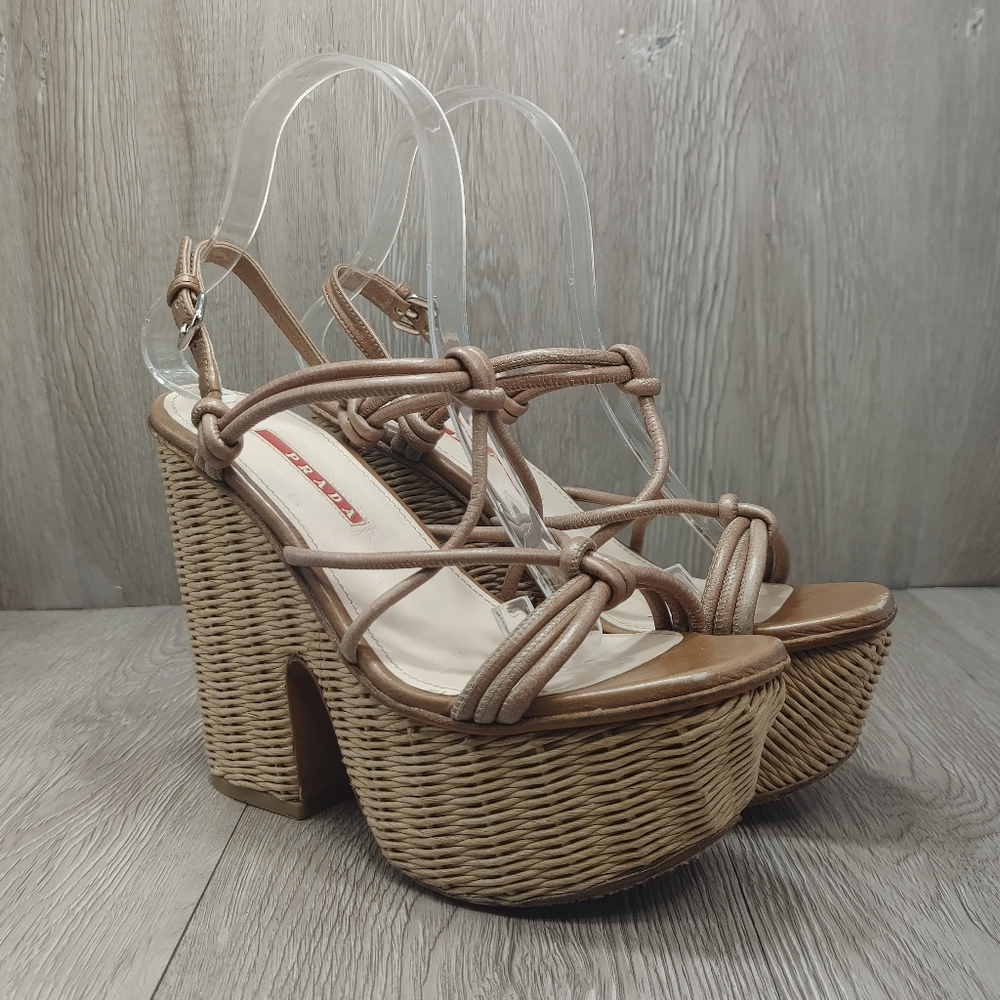 Prada Knotted Leather Vitello Wicker Wedge Platform Sandal Brown Tan 36.5 6 6.5